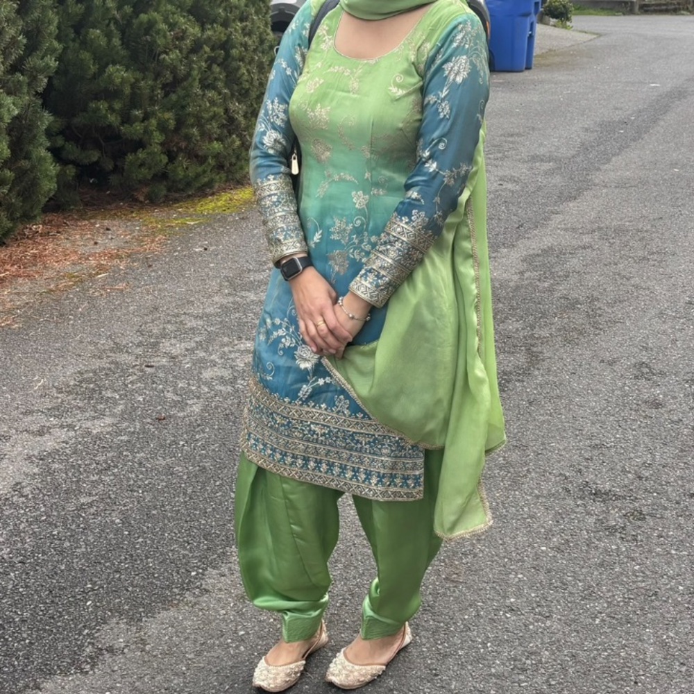 Sage-Lime And Ocean Blue Ombre Embroidered Salwar Kameez Punjabi suit